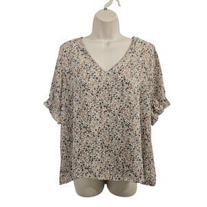 BOHME Multicolored Floral V-Neck Short Sleeve Blouse Size L
